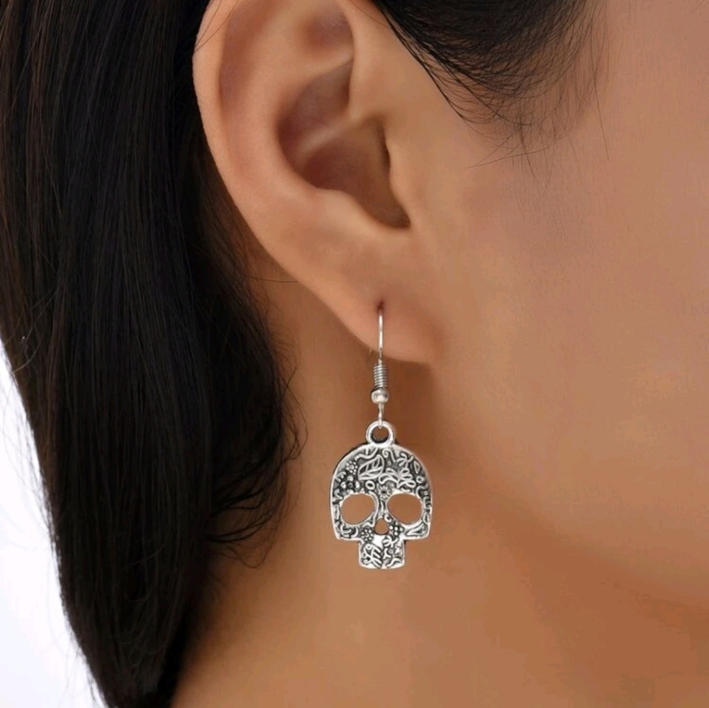 Silver floral filigree skull drop earrings NEW
